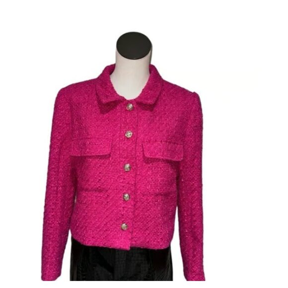 NWT  Rachel Zoe cropped tweed blazer Pink Gold Button - Picture 5 of 6
